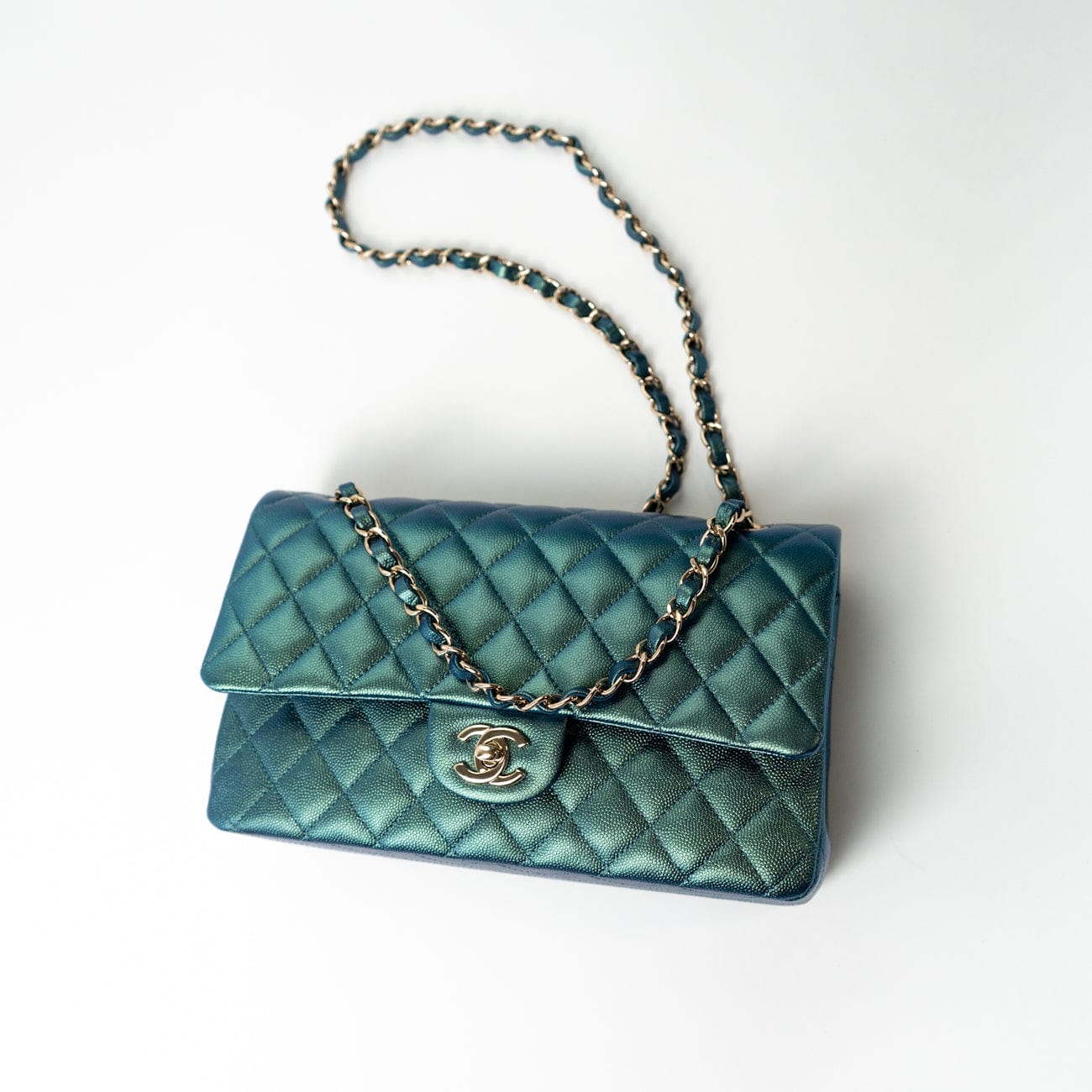 CHANEL Handbag 22P Iridescent Green Caviar Quilted Classic Flap Medium Light Gold Hardware - Redeluxe