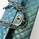 CHANEL Handbag 22P Iridescent Green Caviar Quilted Classic Flap Medium Light Gold Hardware - Redeluxe