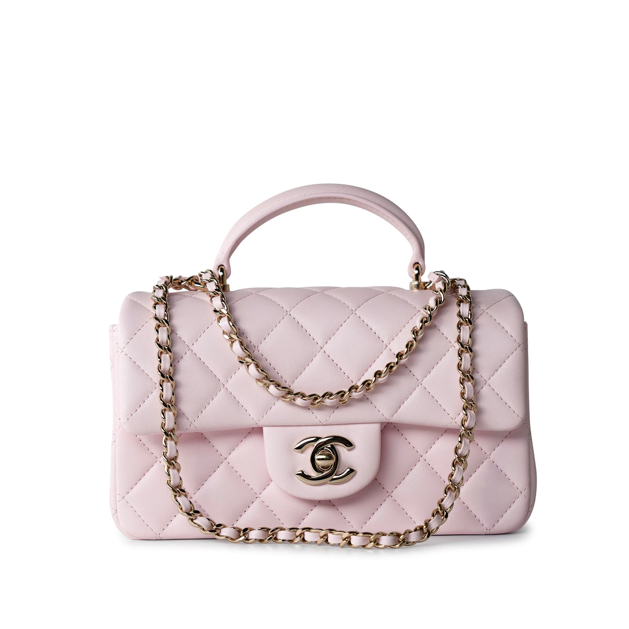 CHANEL Handbag 22P Light Pink Mini Top Handle Lambskin Quilted Light Gold Hardware - Redeluxe