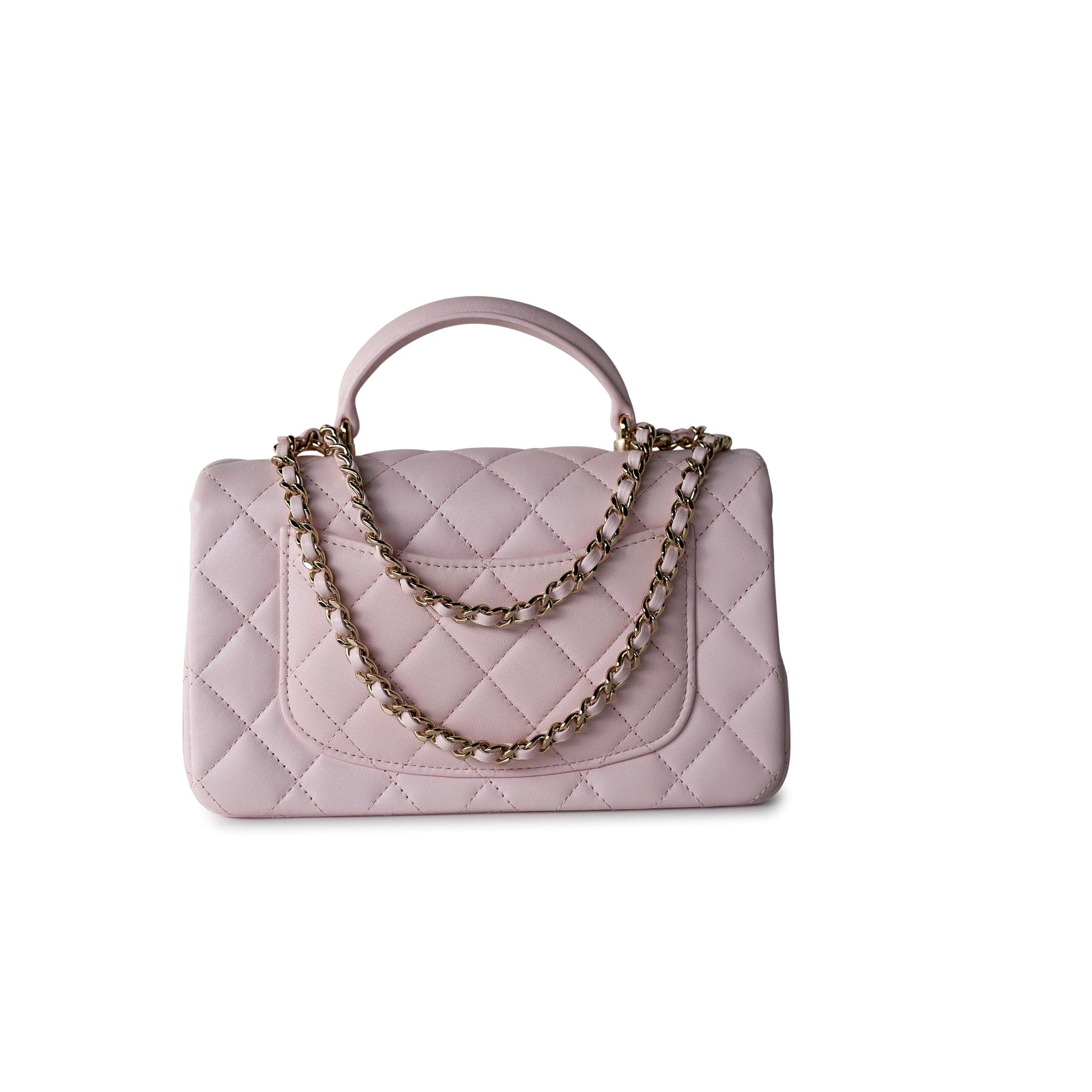 CHANEL Handbag 22P Light Pink Mini Top Handle Lambskin Quilted Light Gold Hardware - Redeluxe