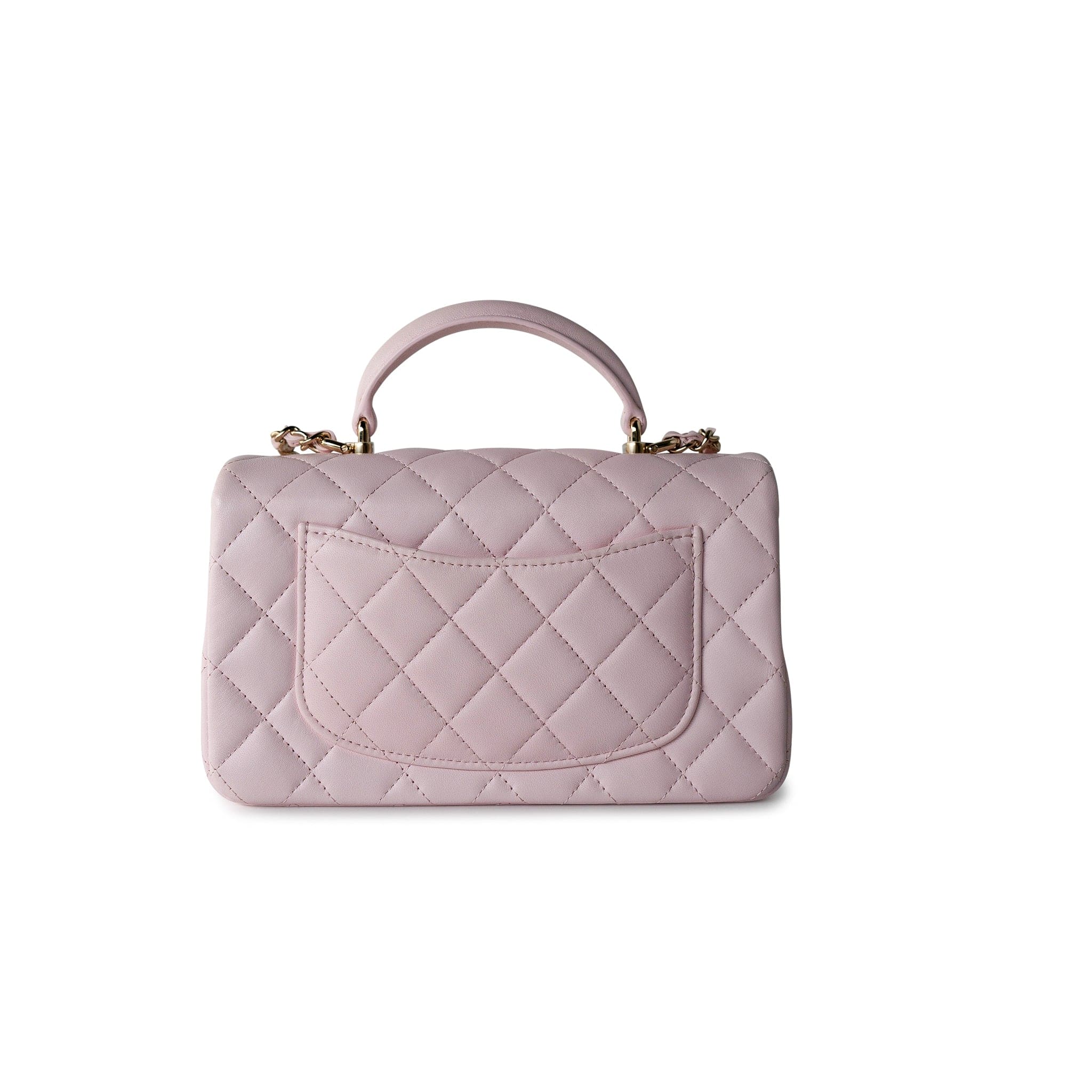 CHANEL Handbag 22P Light Pink Mini Top Handle Lambskin Quilted Light Gold Hardware - Redeluxe