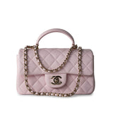 CHANEL Handbag 22P Light Pink Mini Top Handle Lambskin Quilted Light Gold Hardware - Redeluxe