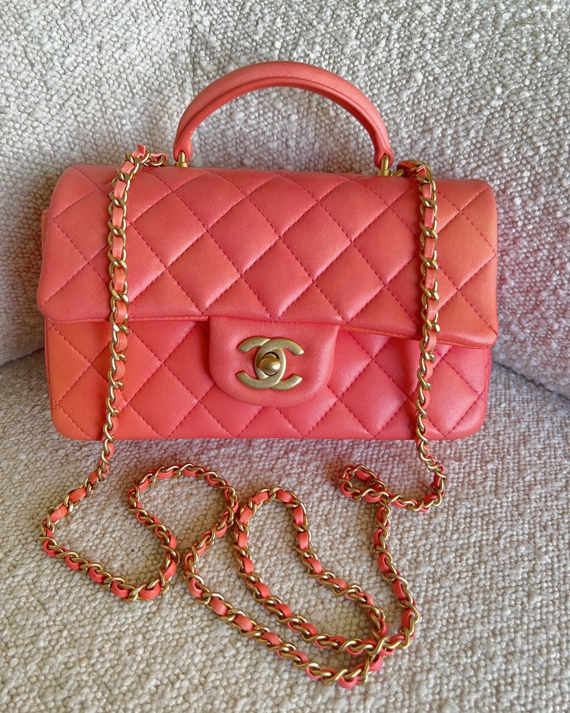 CHANEL Handbag 22P Pink/Orange Mini Lambskin Quilted with Top handle Rectangular LGHW - Redeluxe