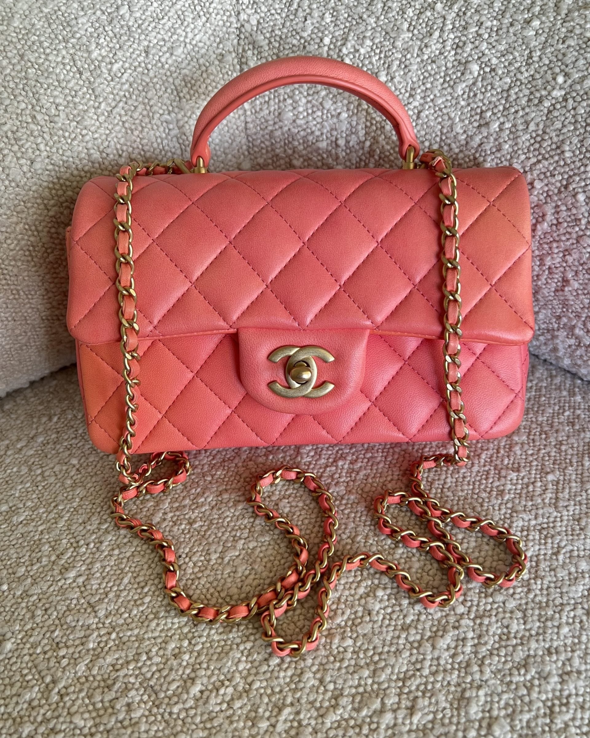 CHANEL Handbag 22P Pink/Orange Mini Lambskin Quilted with Top handle Rectangular LGHW - Redeluxe