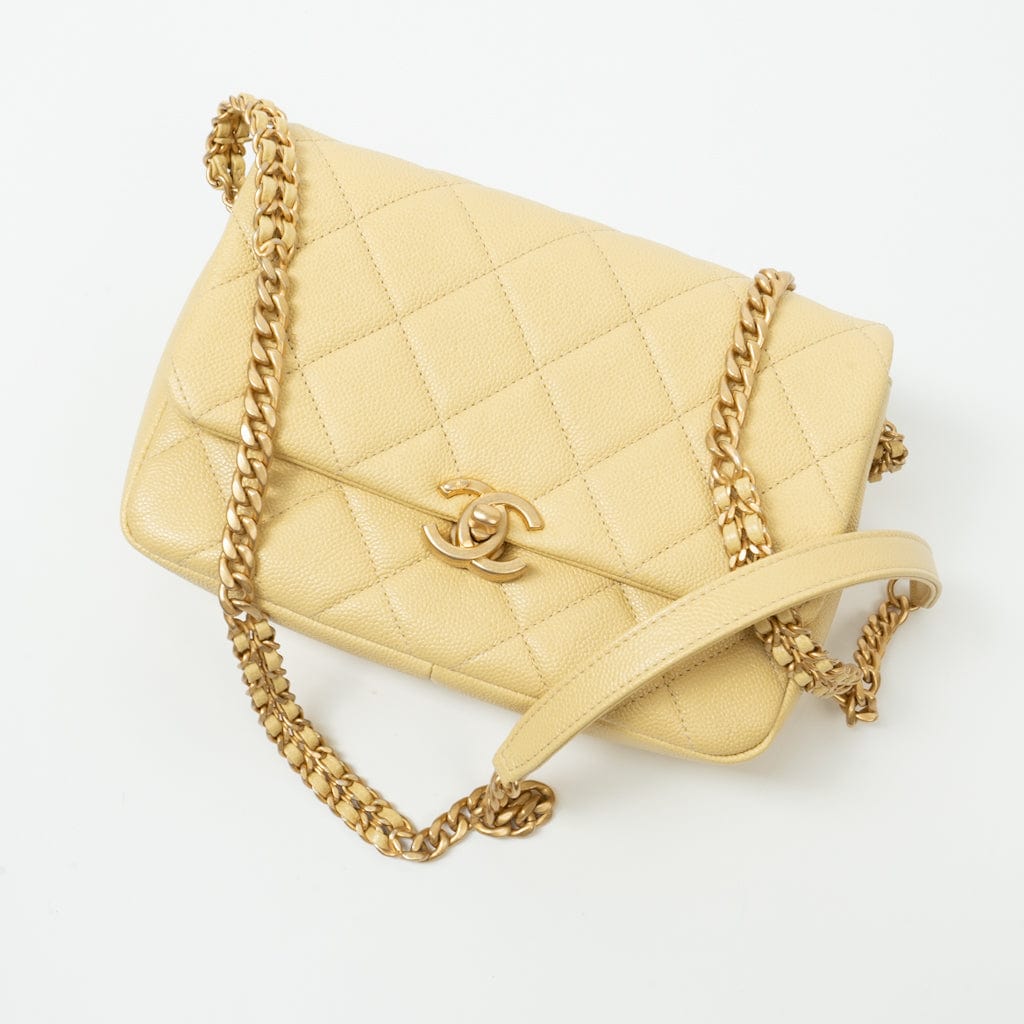 CHANEL Handbag 22P Shiny Yellow Caviar Quilted Small Chain Melody Flap - Redeluxe