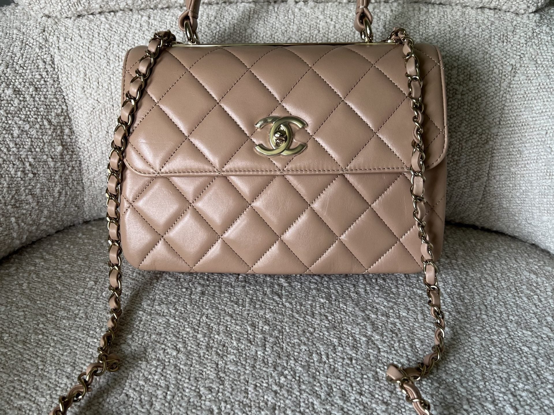 CHANEL Handbag 22S Beige Lambskin Quilted Trendy CC Light Gold Hardware - Redeluxe