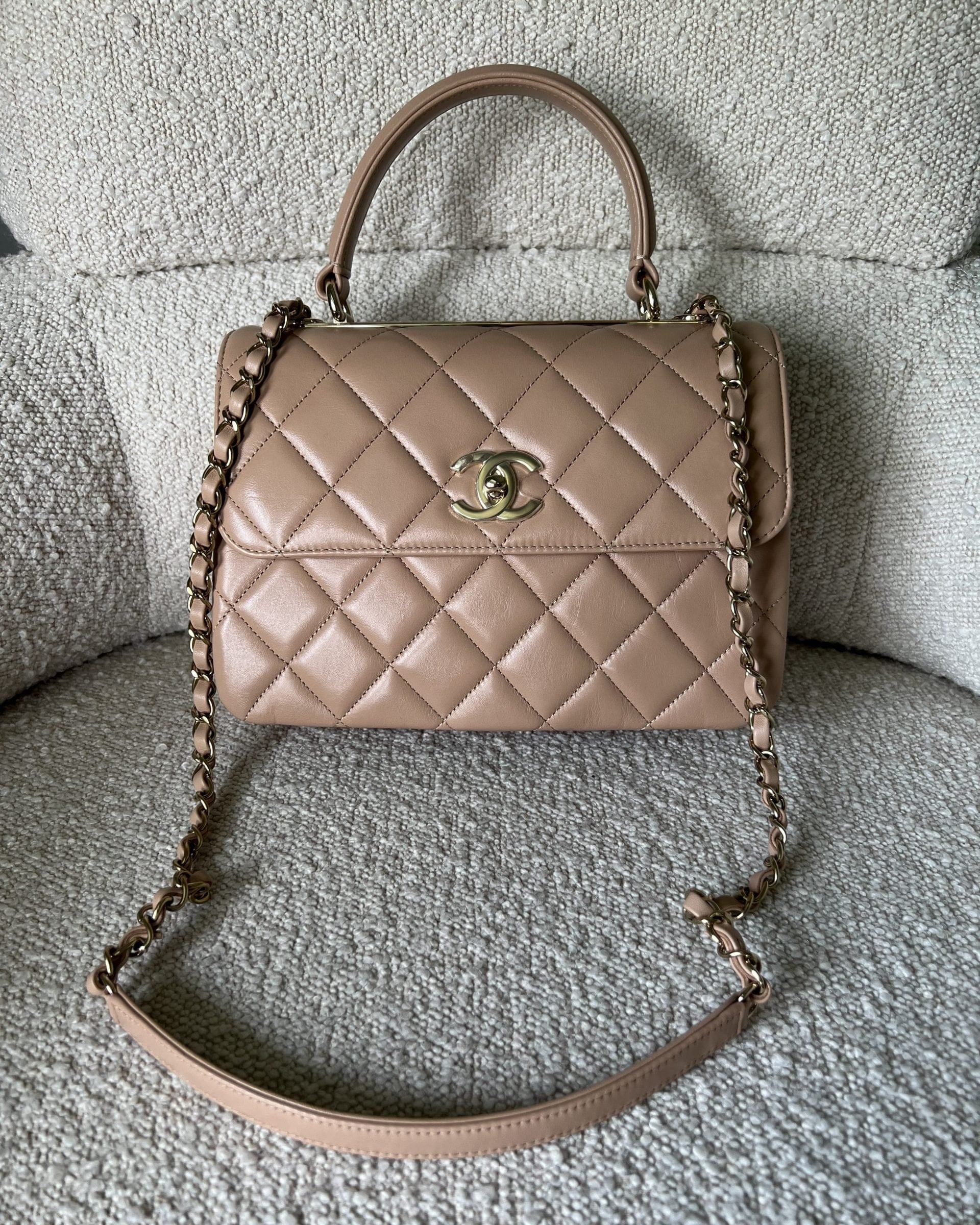 CHANEL Handbag 22S Beige Lambskin Quilted Trendy CC Light Gold Hardware - Redeluxe