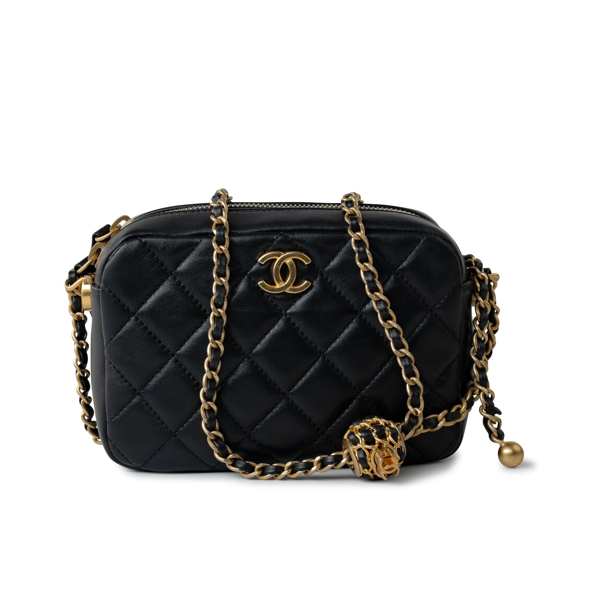 CHANEL Handbag 22S Black Lambskin Quilted Camera Case Aged Gold Hardware / Gold Interior - Redeluxe