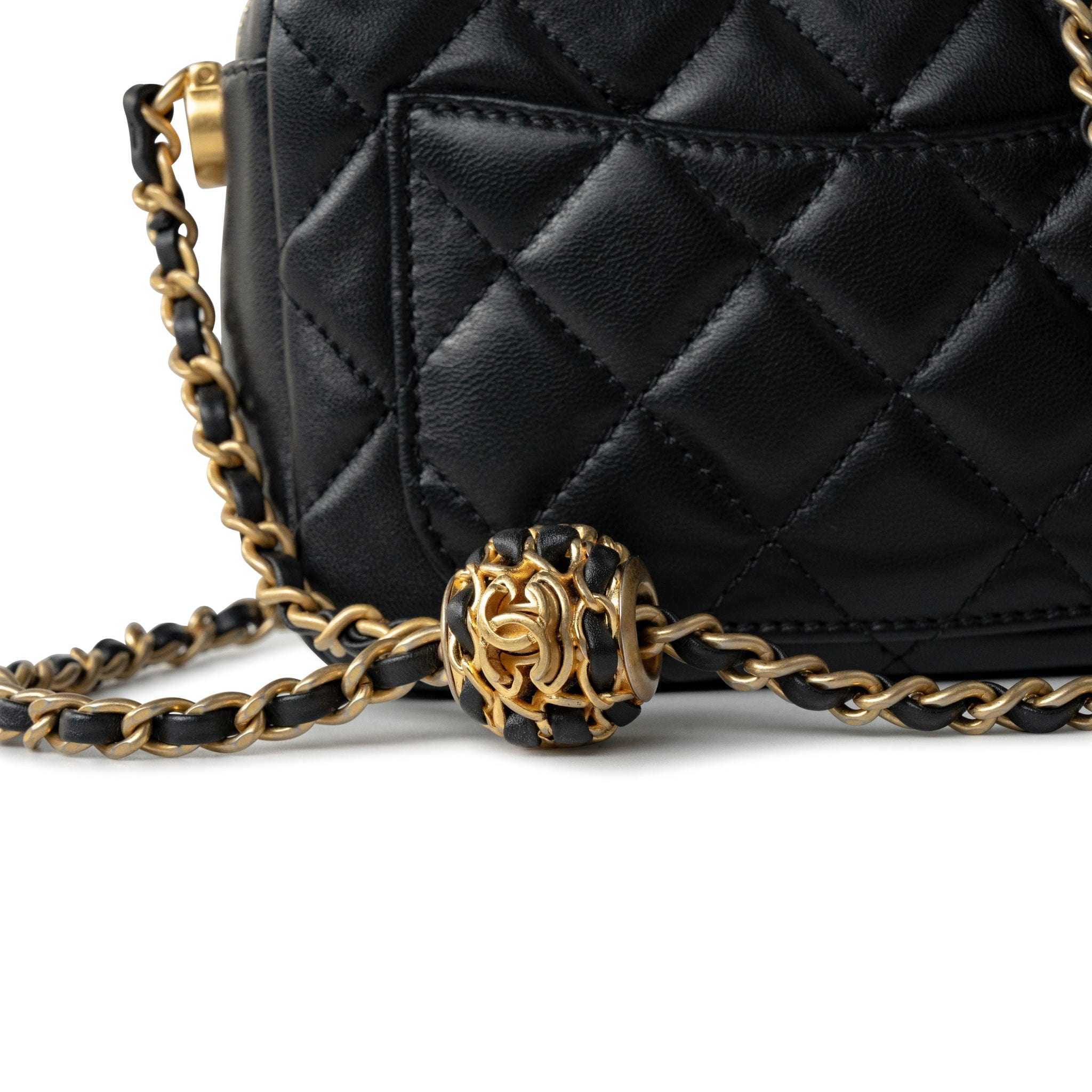 CHANEL Handbag 22S Black Lambskin Quilted Camera Case Aged Gold Hardware / Gold Interior - Redeluxe