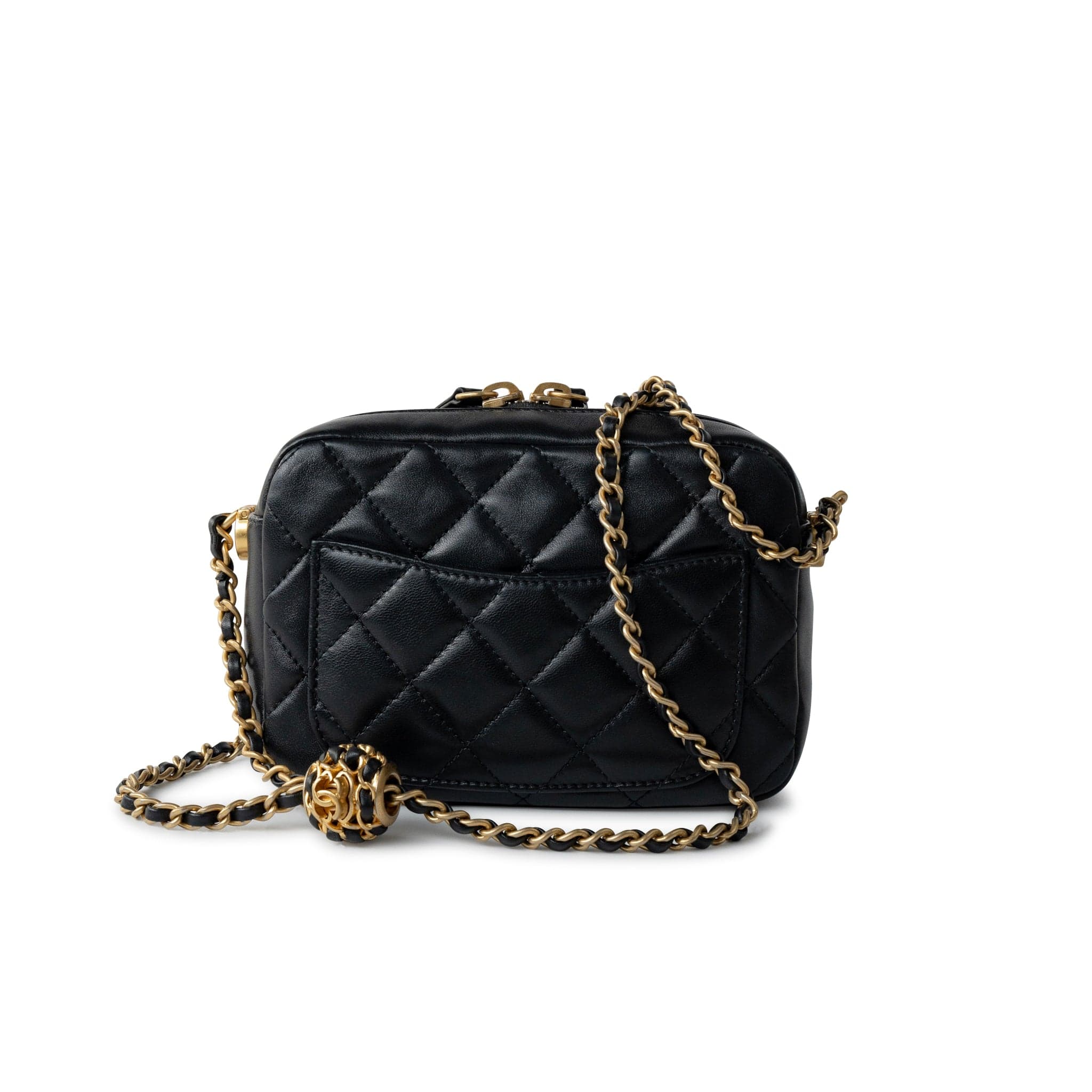 CHANEL Handbag 22S Black Lambskin Quilted Camera Case Aged Gold Hardware / Gold Interior - Redeluxe