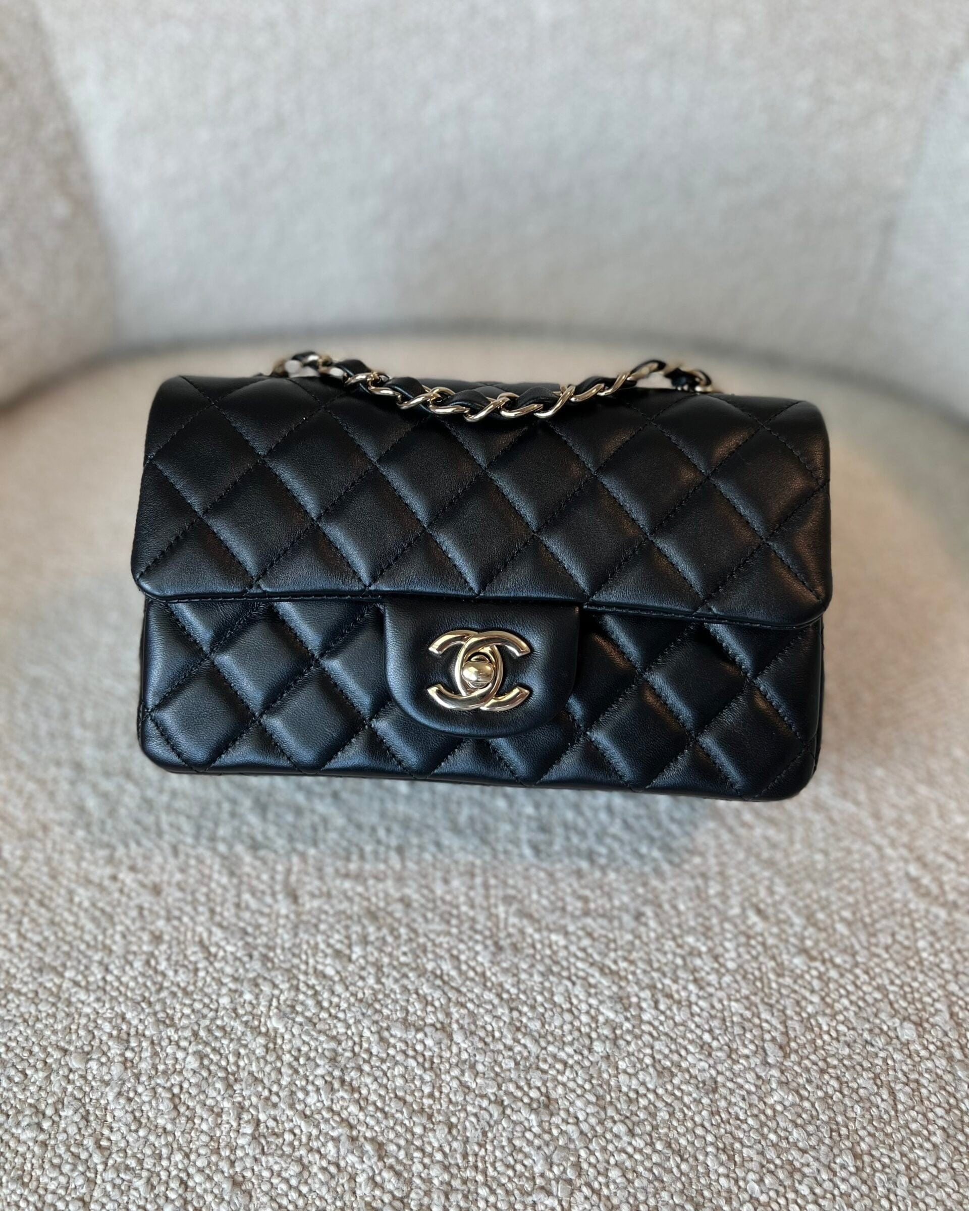 CHANEL Handbag 22S Black Lambskin Quilted Mini Rectangular Single Flap Light Gold Hardware - Redeluxe