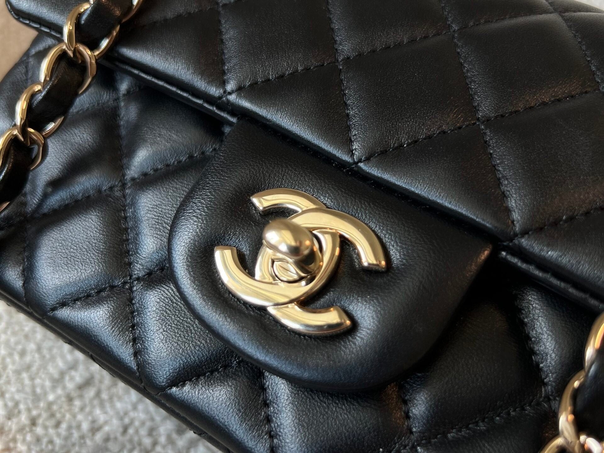 CHANEL Handbag 22S Black Lambskin Quilted Mini Rectangular Single Flap Light Gold Hardware - Redeluxe