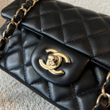 CHANEL Handbag 22S Black Lambskin Quilted Mini Rectangular Single Flap Light Gold Hardware - Redeluxe