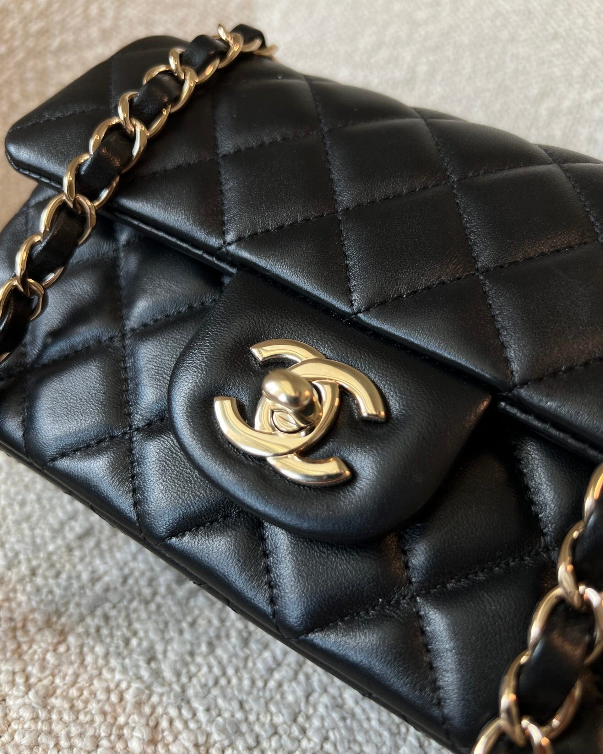 CHANEL Handbag 22S Black Lambskin Quilted Mini Rectangular Single Flap Light Gold Hardware - Redeluxe