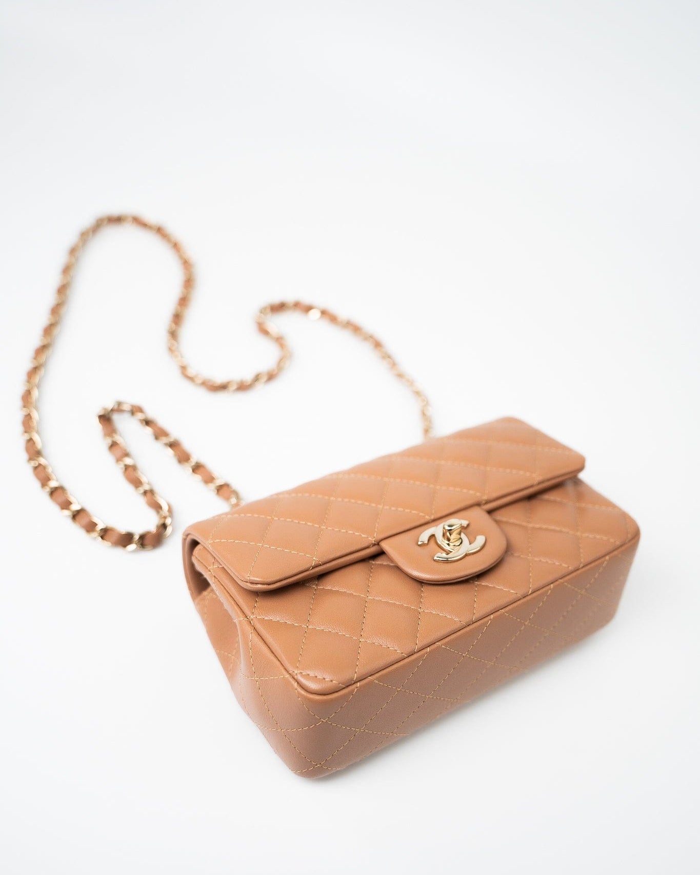 CHANEL Handbag 22S Caramel Lambskin Quilted Mini Rectangular Single Flap Light Gold Hardware - Redeluxe