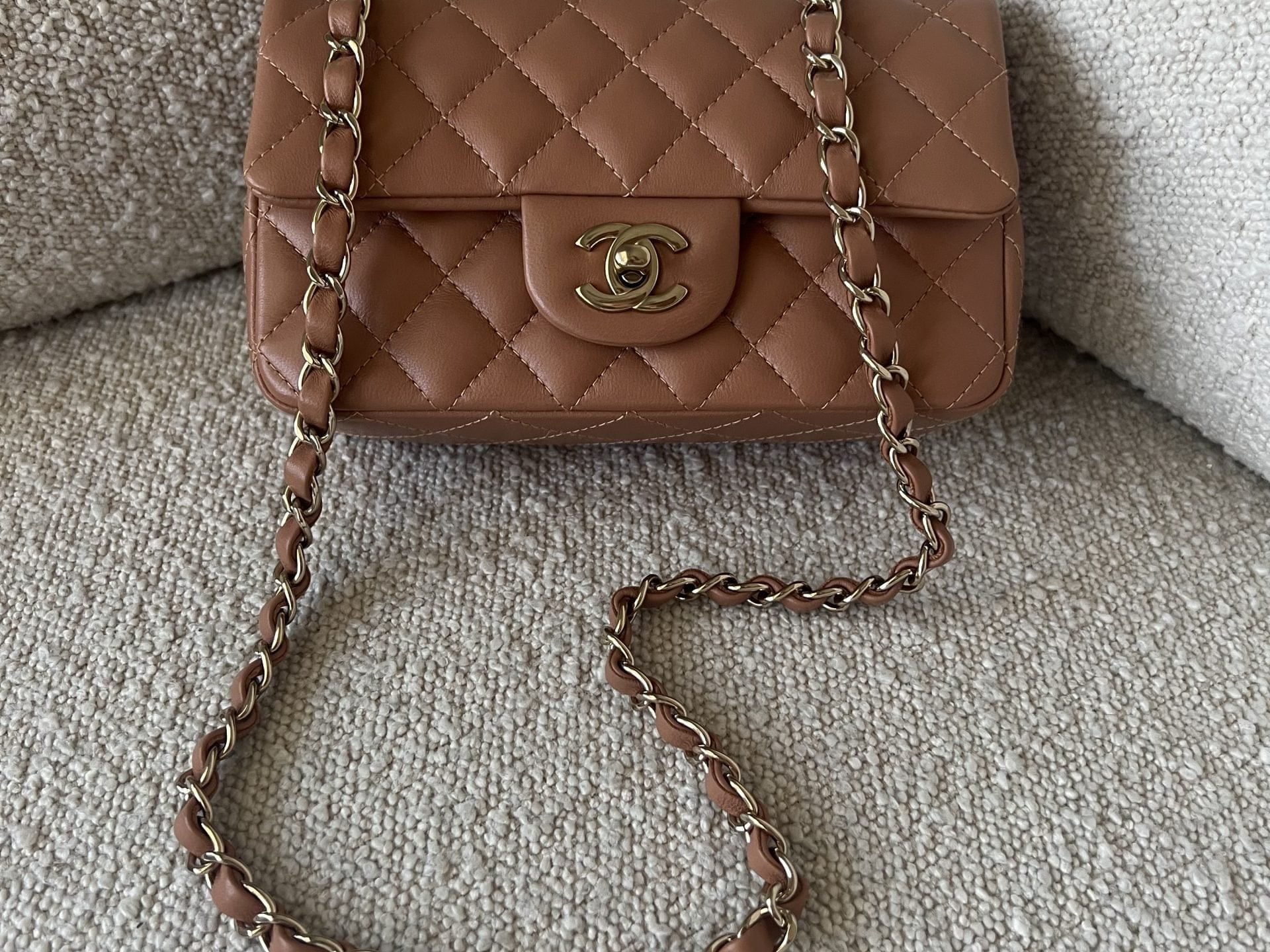 CHANEL Handbag 22S Caramel Mini Rectangular Lambskin Quilted LGHW - Redeluxe