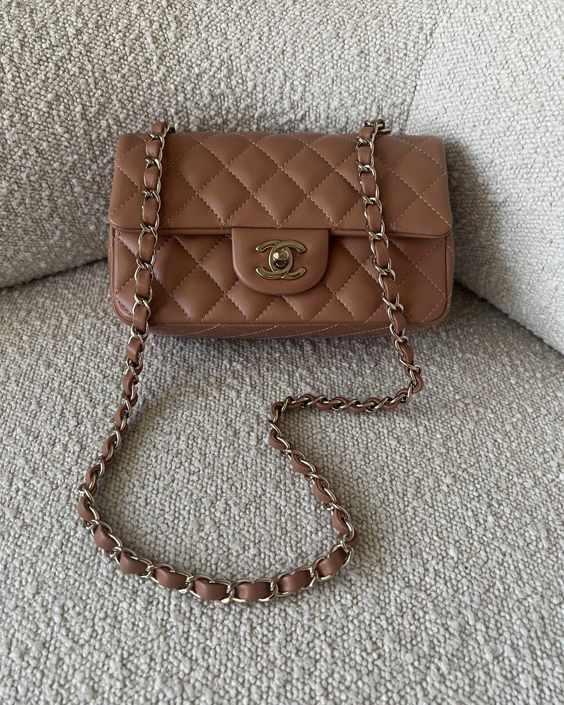 CHANEL Handbag 22S Caramel Mini Rectangular Lambskin Quilted LGHW - Redeluxe