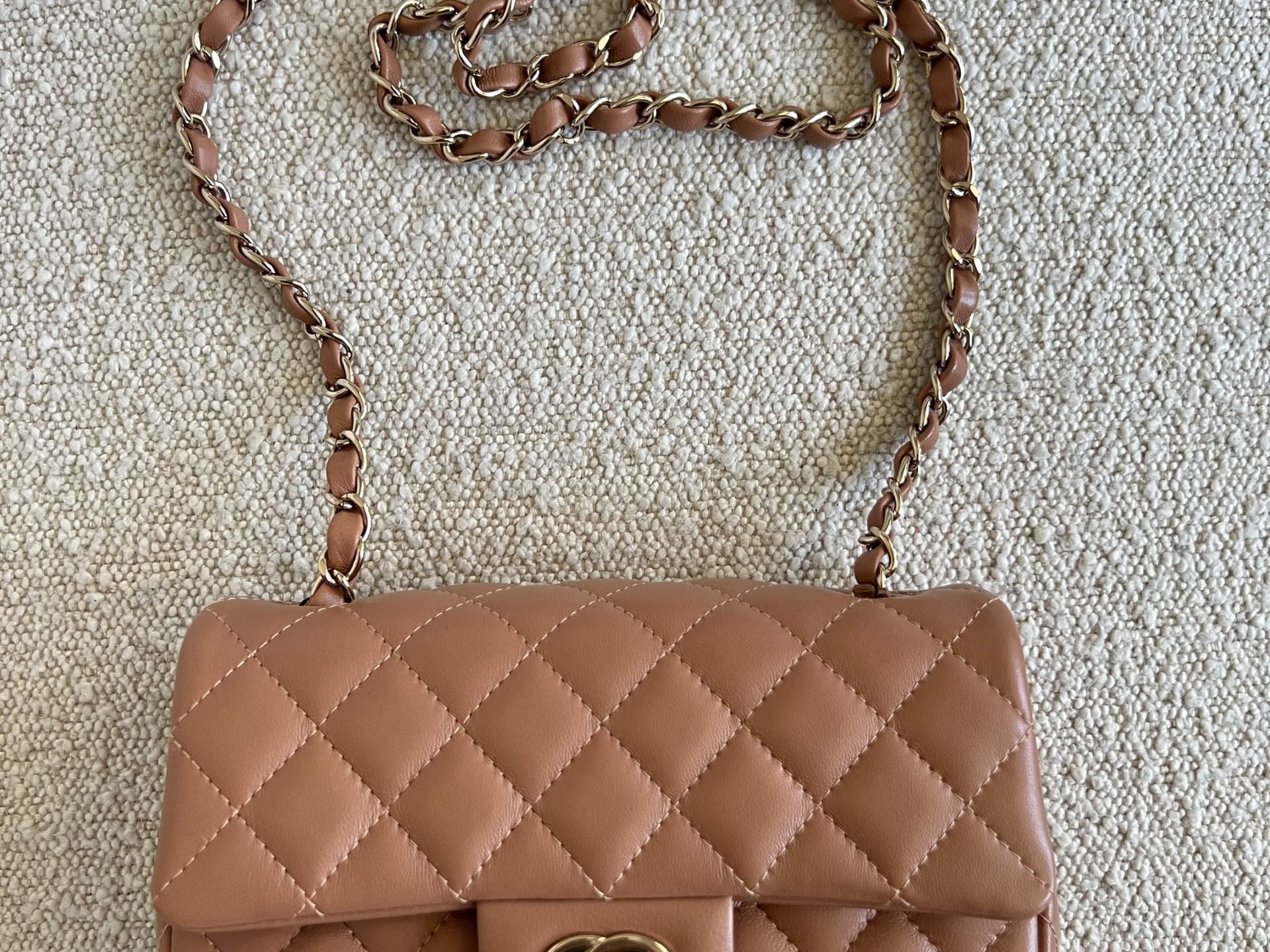 CHANEL Handbag 22S Caramel Mini Rectangular Lambskin Quilted LGHW - Redeluxe