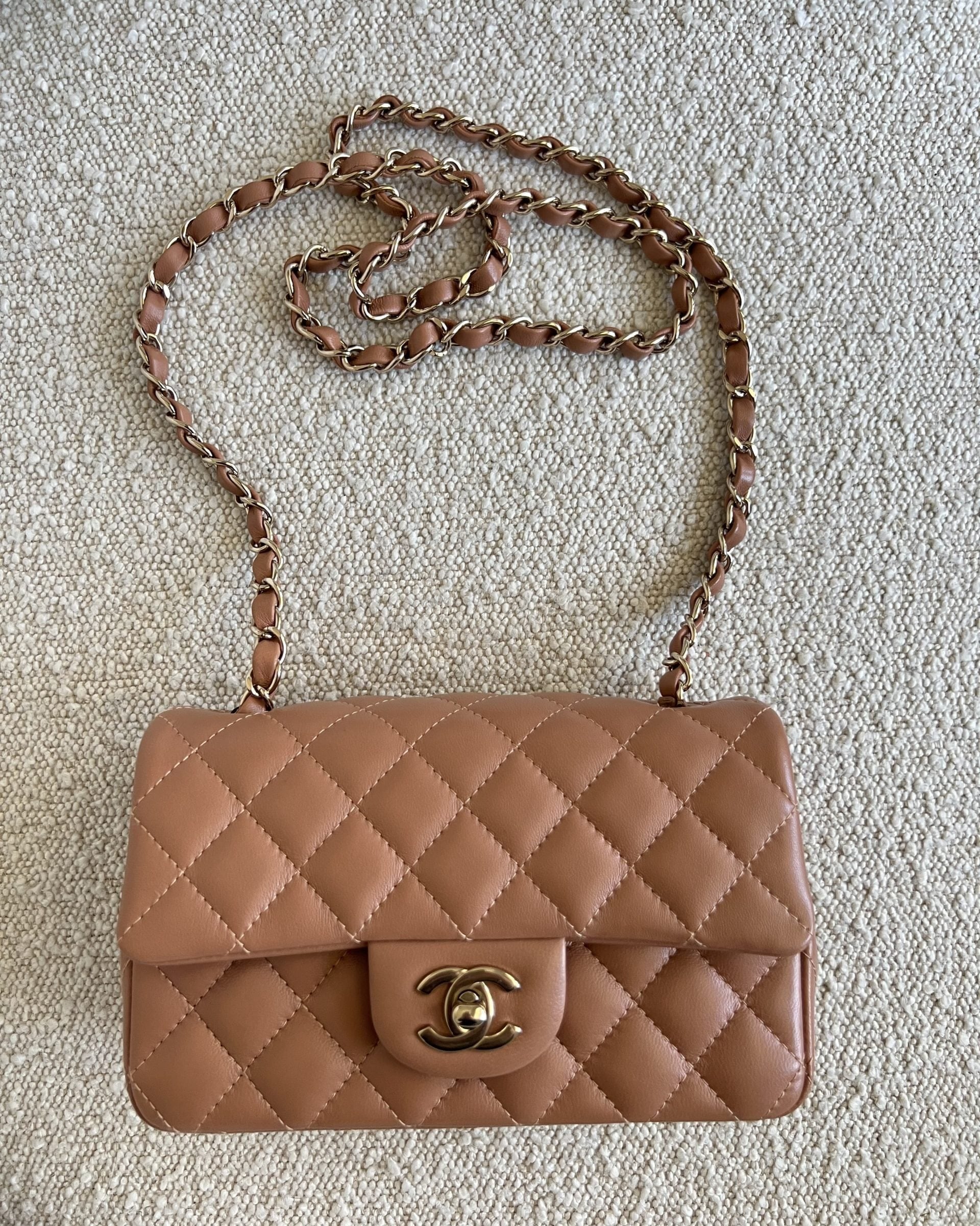 CHANEL Handbag 22S Caramel Mini Rectangular Lambskin Quilted LGHW - Redeluxe