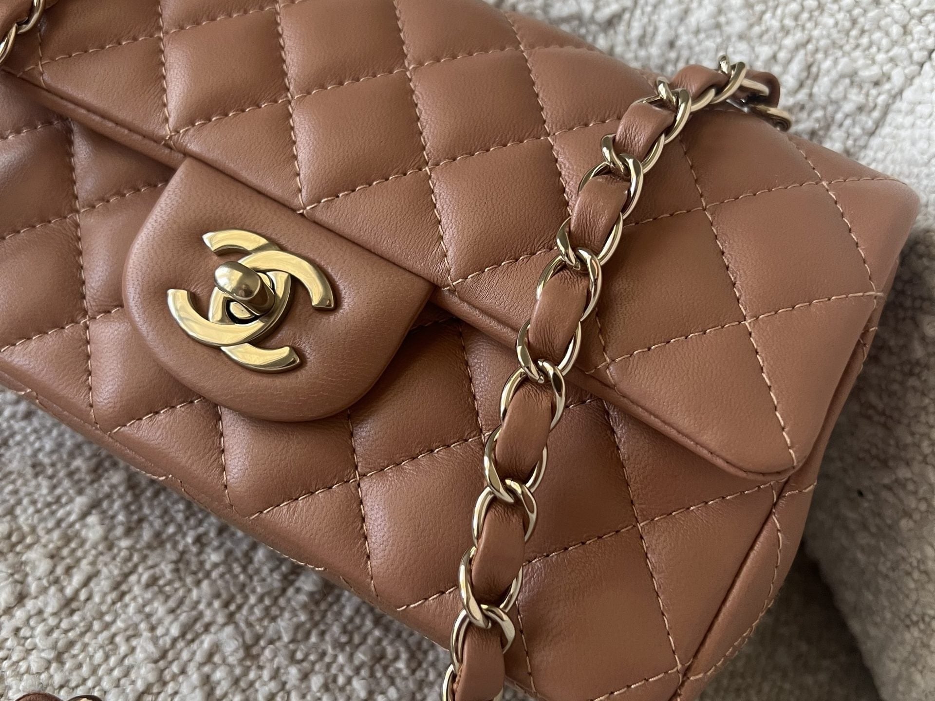 CHANEL Handbag 22S Caramel Mini Rectangular Lambskin Quilted LGHW - Redeluxe