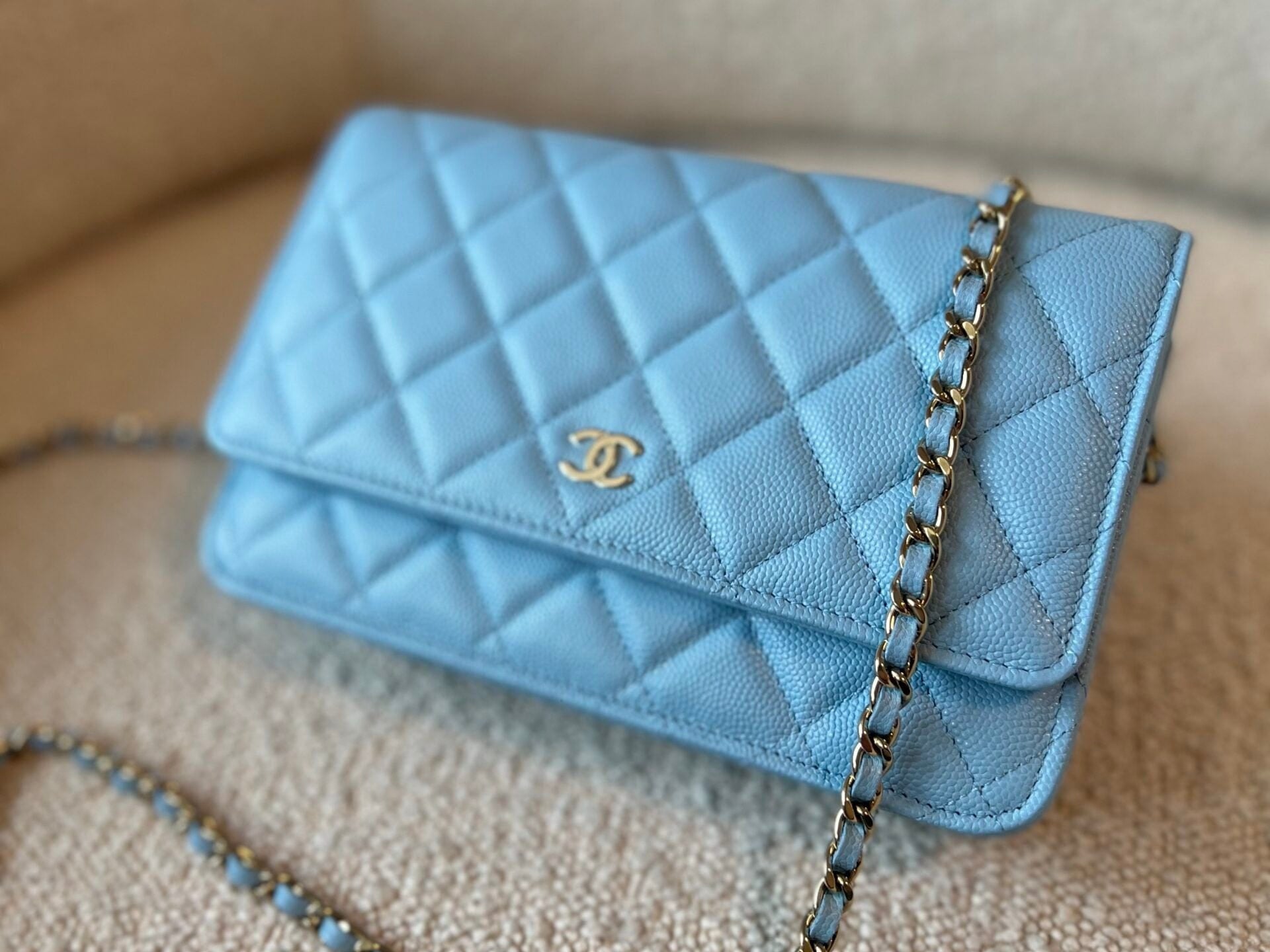 CHANEL Handbag 22S Light Blue Caviar Quilted Wallet On Chain (WOC) - Redeluxe