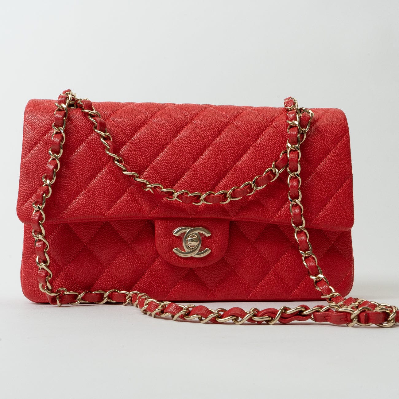 CHANEL Handbag 22S Red Caviar Quilted Classic Double Flap Medium Light Gold Hardware - Redeluxe