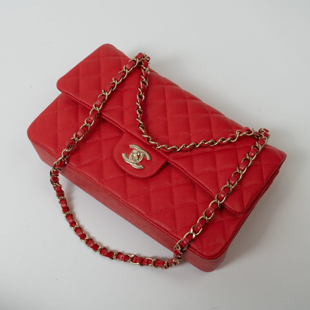 CHANEL Handbag 22S Red Caviar Quilted Classic Double Flap Medium Light Gold Hardware - Redeluxe