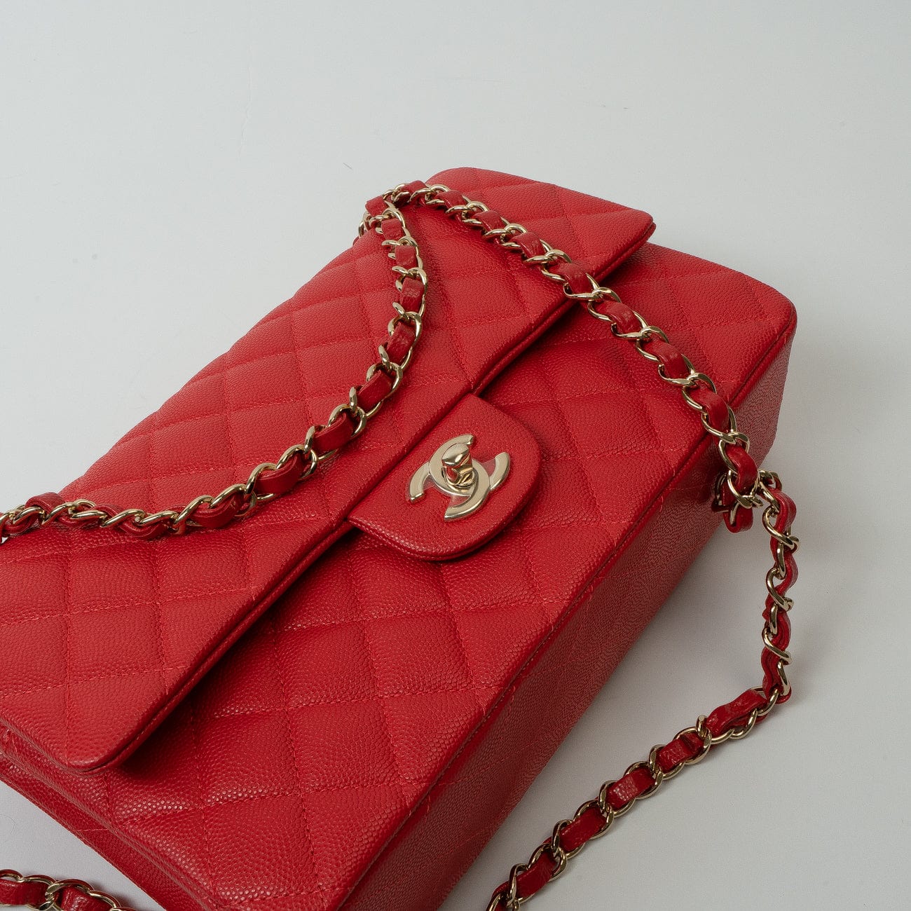 CHANEL Handbag 22S Red Caviar Quilted Classic Double Flap Medium Light Gold Hardware - Redeluxe