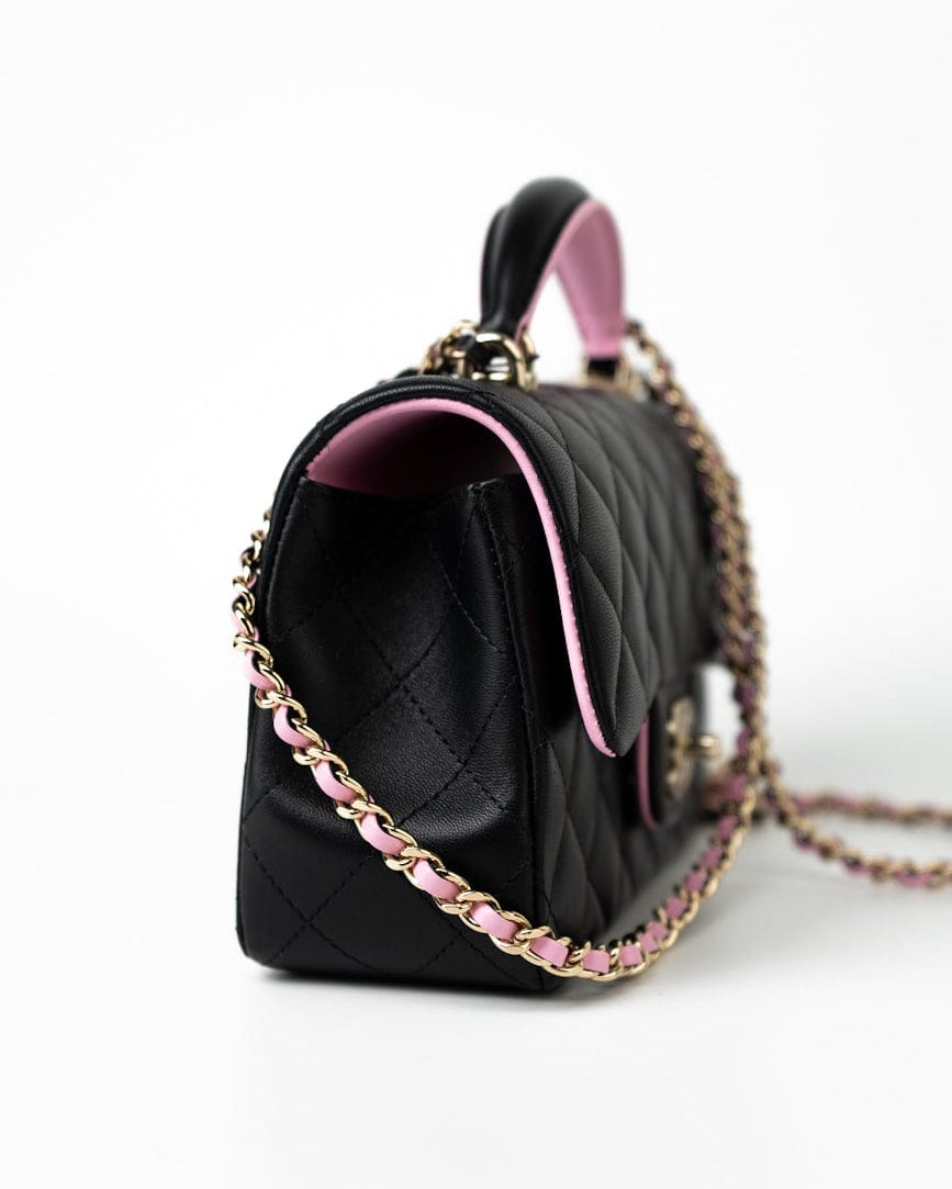 CHANEL Handbag 23P Mini Top Handle Black/Pink Lambskin Quilted w/ Light Gold Hardware - Redeluxe