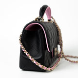 CHANEL Handbag 23P Mini Top Handle Black/Pink Lambskin Quilted w/ Light Gold Hardware - Redeluxe