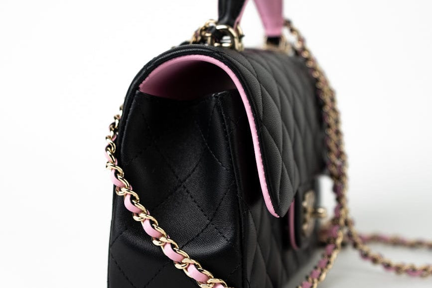 CHANEL Handbag 23P Mini Top Handle Black/Pink Lambskin Quilted w/ Light Gold Hardware - Redeluxe