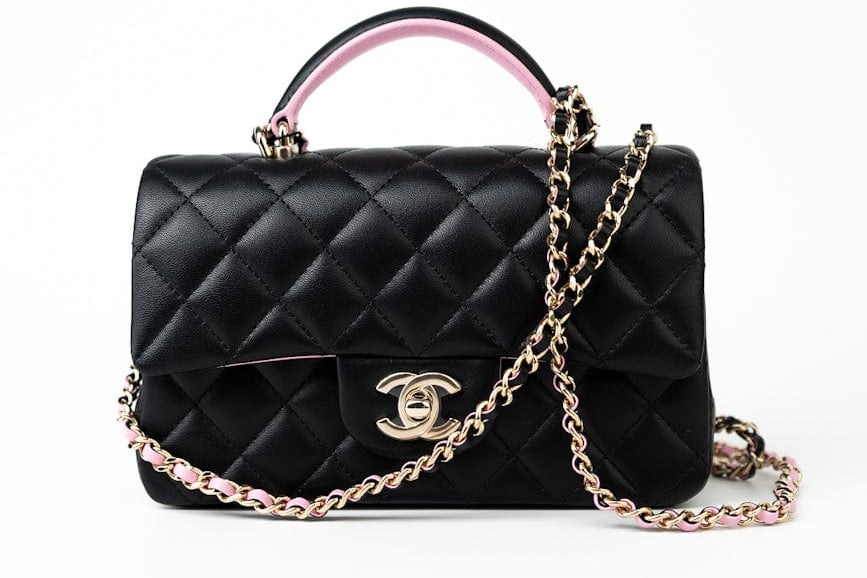 CHANEL Handbag 23P Mini Top Handle Black/Pink Lambskin Quilted w/ Light Gold Hardware - Redeluxe