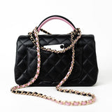 CHANEL Handbag 23P Mini Top Handle Black/Pink Lambskin Quilted w/ Light Gold Hardware - Redeluxe