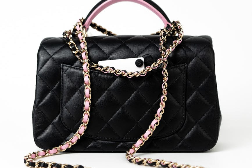 CHANEL Handbag 23P Mini Top Handle Black/Pink Lambskin Quilted w/ Light Gold Hardware - Redeluxe