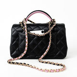 CHANEL Handbag 23P Mini Top Handle Black/Pink Lambskin Quilted w/ Light Gold Hardware - Redeluxe