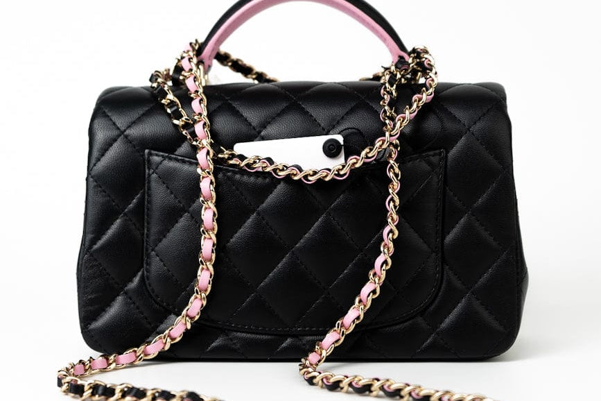 CHANEL Handbag 23P Mini Top Handle Black/Pink Lambskin Quilted w/ Light Gold Hardware - Redeluxe