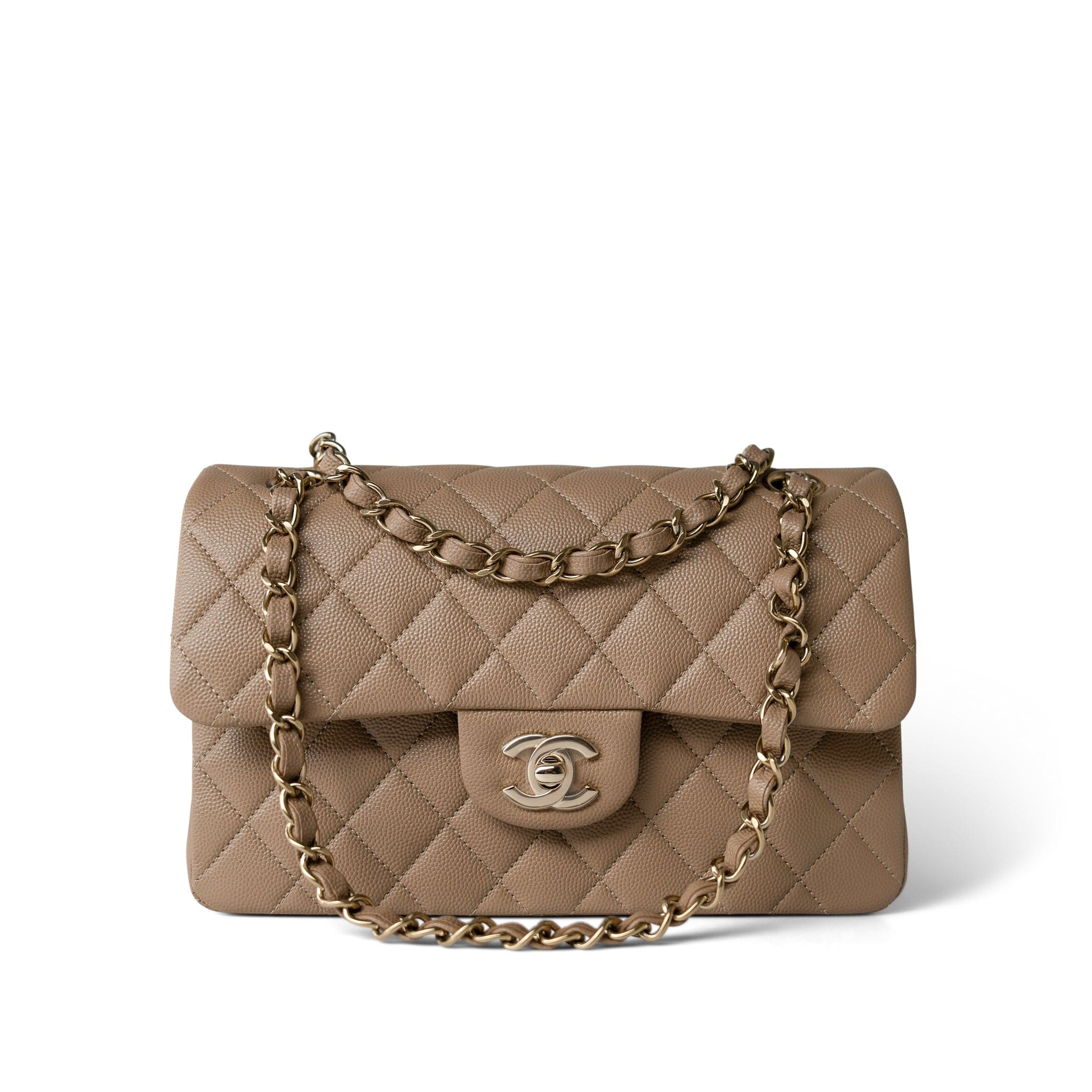 CHANEL Handbag Beige 22A Dark Beige Caviar Quilted Classic Flap Small Light Gold Hardware - Redeluxe