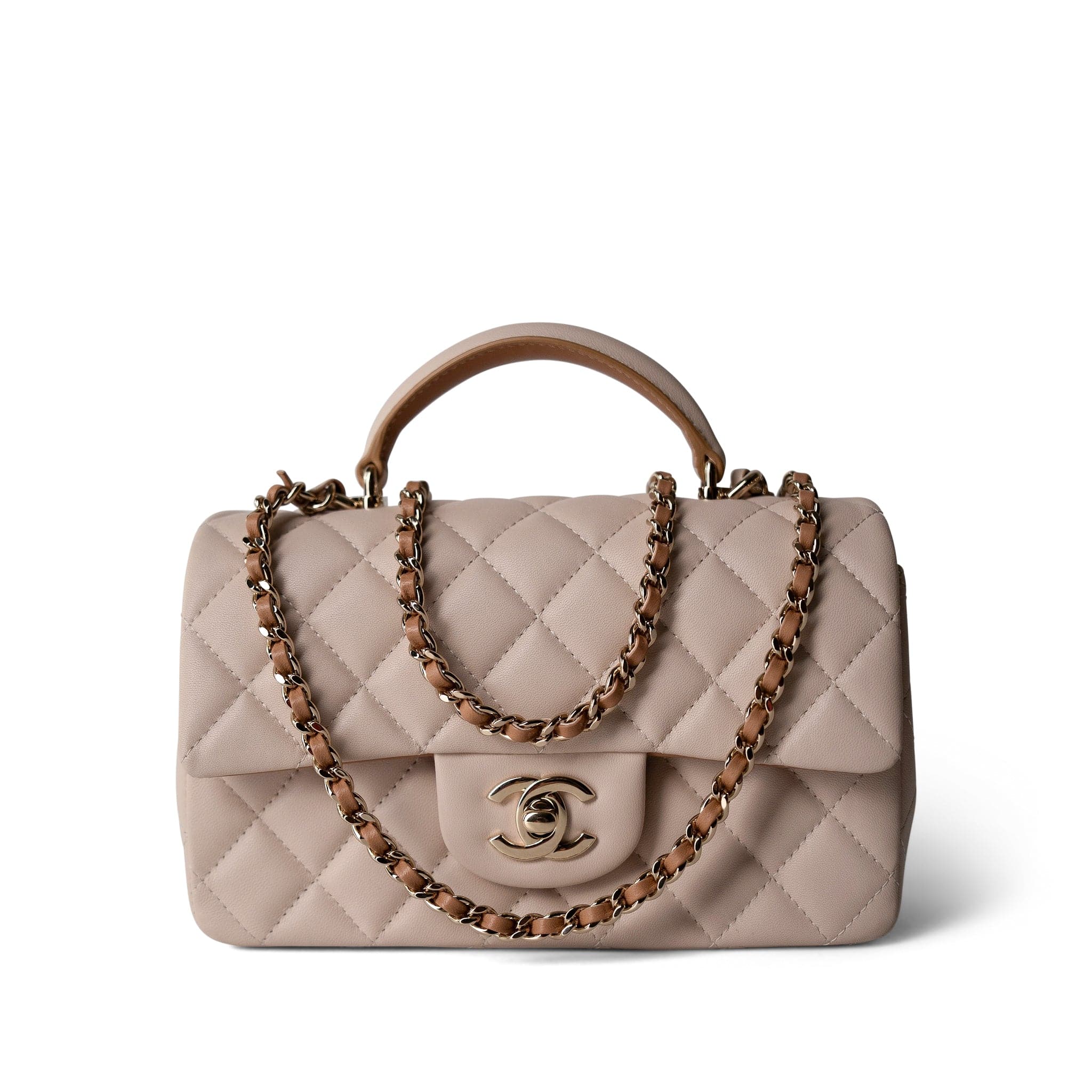 CHANEL Handbag Beige 22C Light Beige / Beige Lambskin Quilted Mini Top Handle Light Gold Hardware - Redeluxe