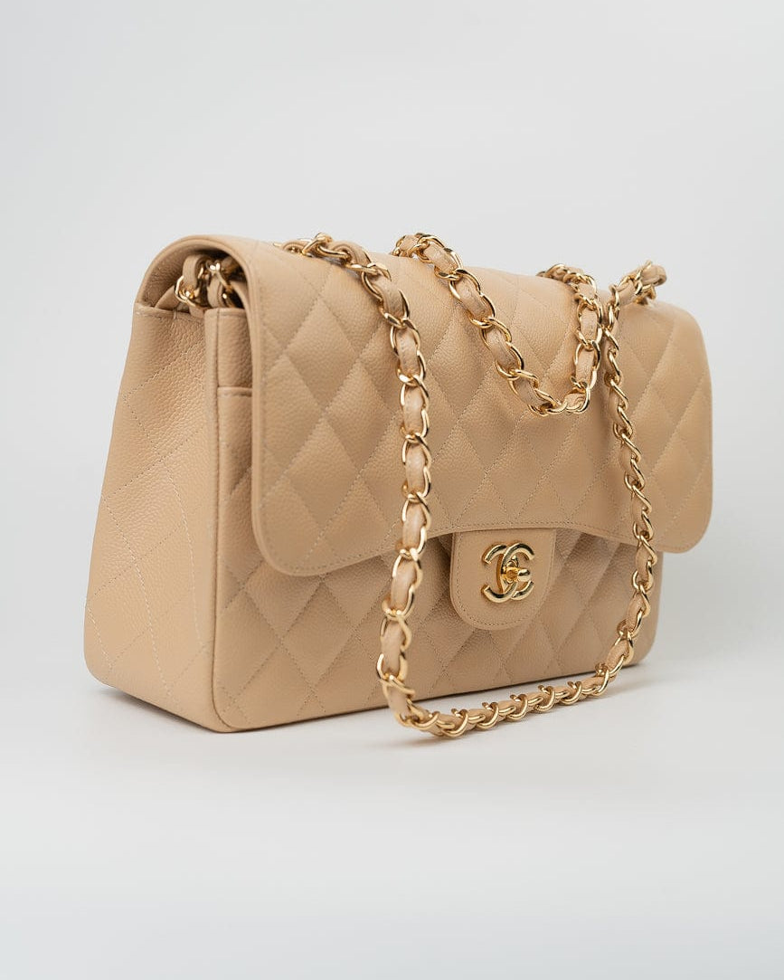 CHANEL Handbag Beige Clair Caviar Quilted Classic Flap Jumbo GHW - Redeluxe