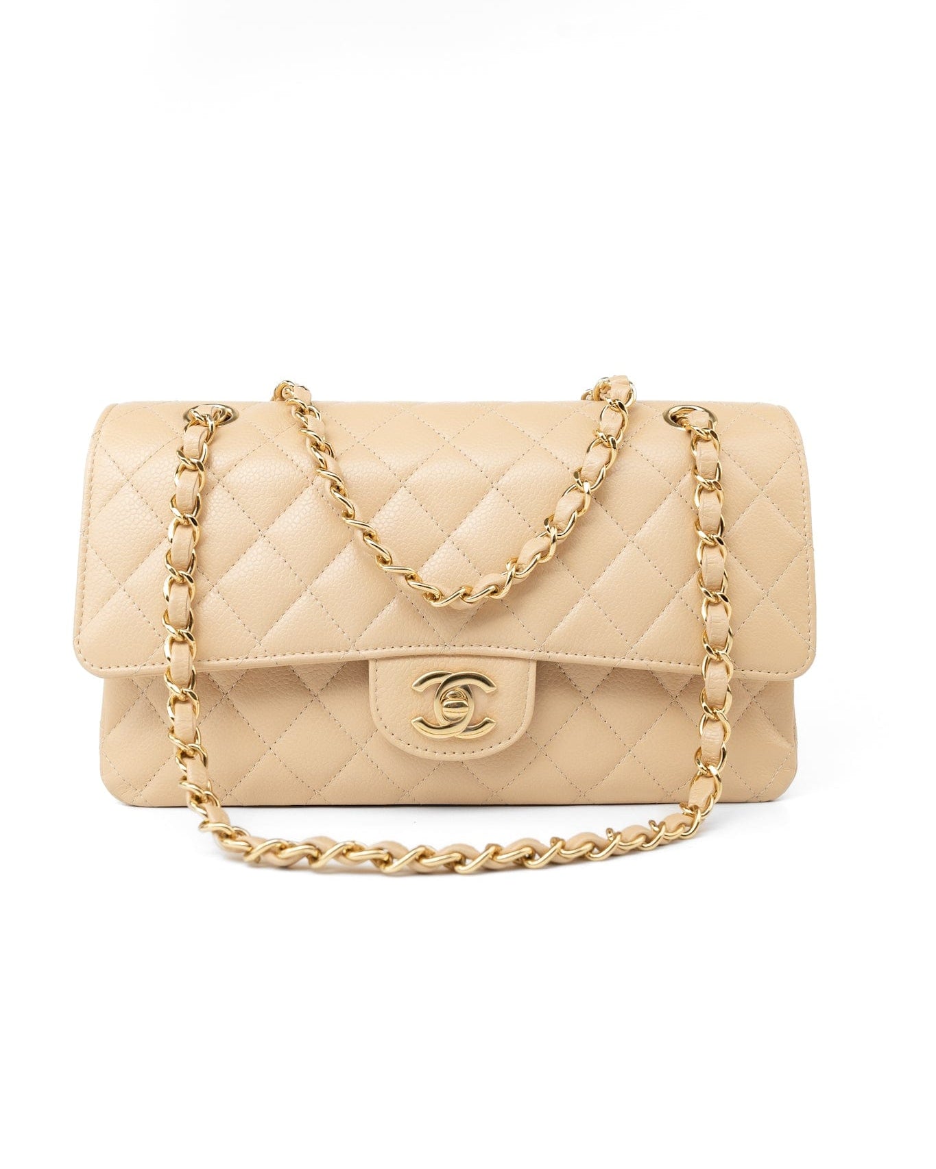 CHANEL Handbag Beige Clair Caviar Quilted Classic Flap Medium Gold Hardware - Redeluxe