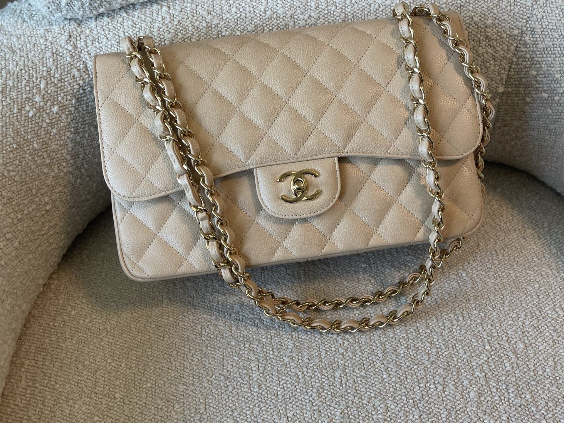 CHANEL Handbag Beige Clair Caviar Quilted Jumbo Classic Flap LGHW - Redeluxe