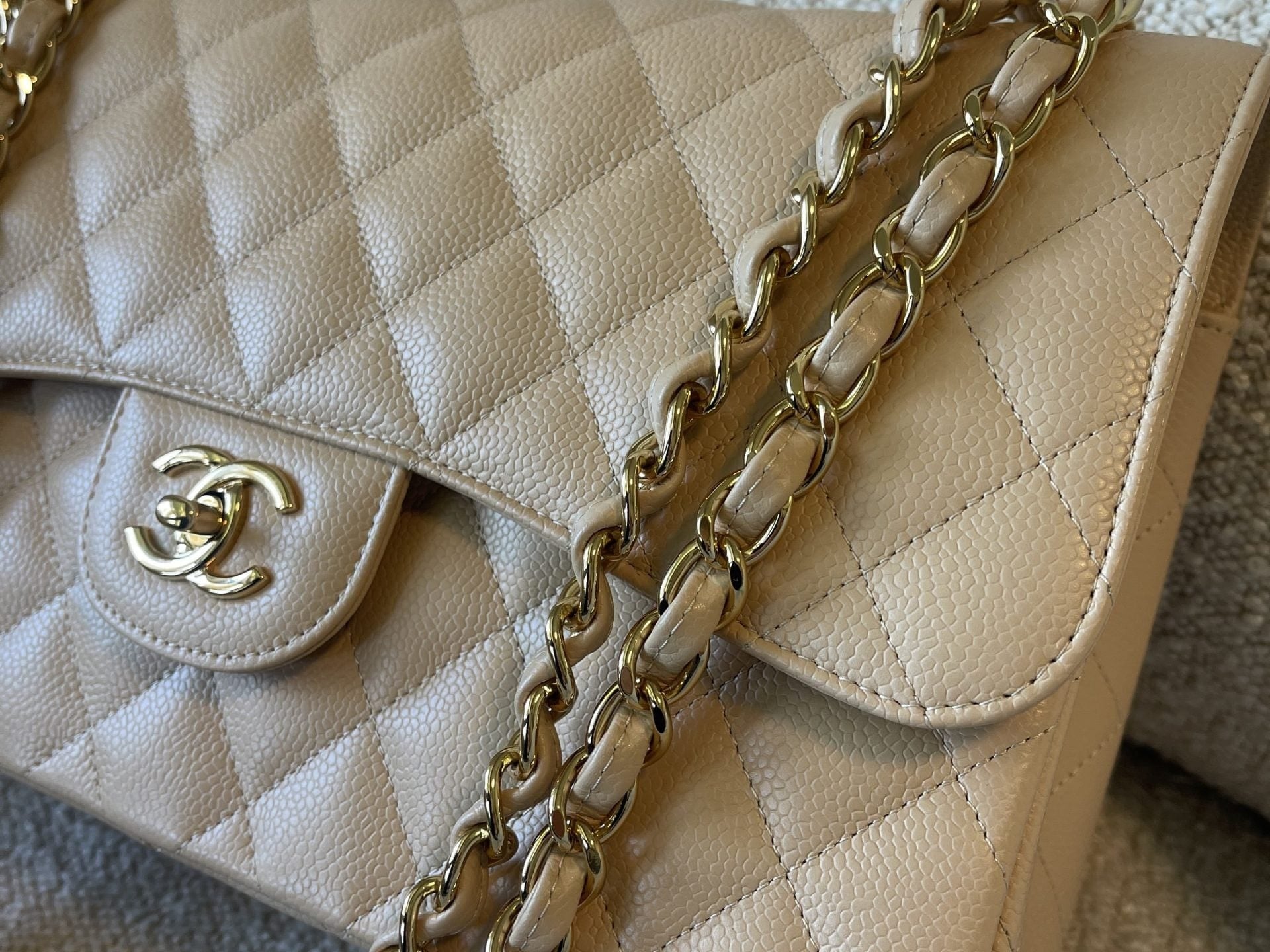 CHANEL Handbag Beige Clair Caviar Quilted Jumbo Classic Flap LGHW - Redeluxe