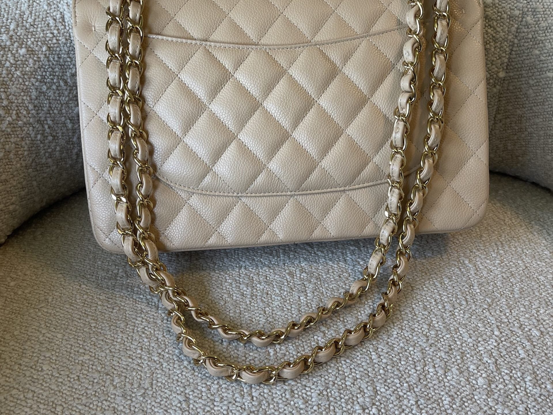 CHANEL Handbag Beige Clair Caviar Quilted Jumbo Classic Flap LGHW - Redeluxe