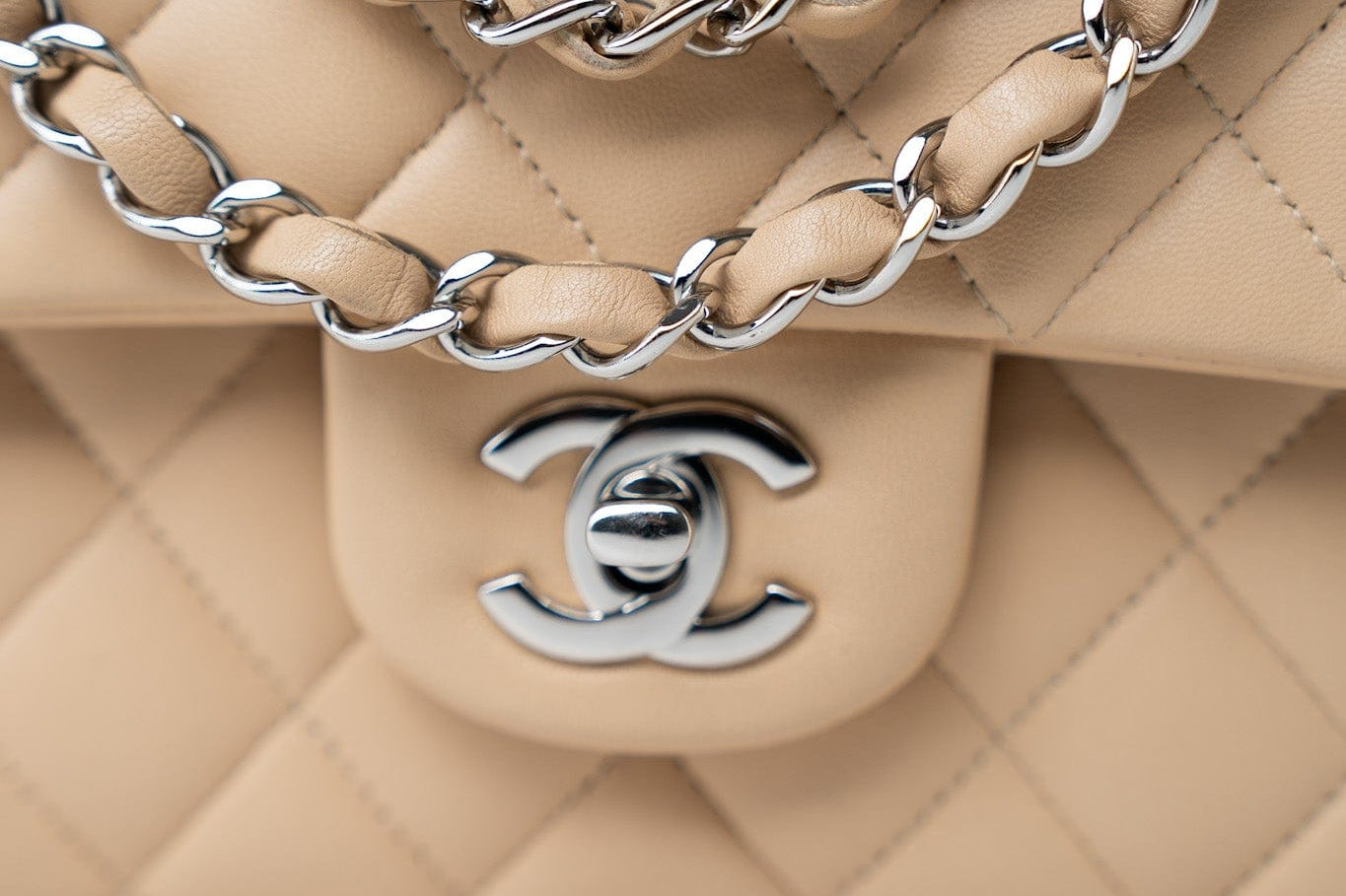 CHANEL Handbag Beige Clair Lambskin Quilted Classic Flap Medium Silver Hardware - Redeluxe