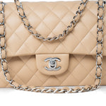 CHANEL Handbag Beige Clair Lambskin Quilted Classic Flap Medium Silver Hardware - Redeluxe