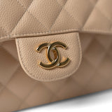 CHANEL Handbag Beige / Classic flap Beige Clair Caviar Quilted Jumbo Classic Flap Gold Hardware - Redeluxe