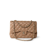 CHANEL Handbag Beige Dark Beige / Caramel Lambskin Quilted Jumbo Classic Flap Light Gold Hardware - Redeluxe