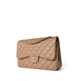 CHANEL Handbag Beige Dark Beige / Caramel Lambskin Quilted Jumbo Classic Flap Light Gold Hardware - Redeluxe