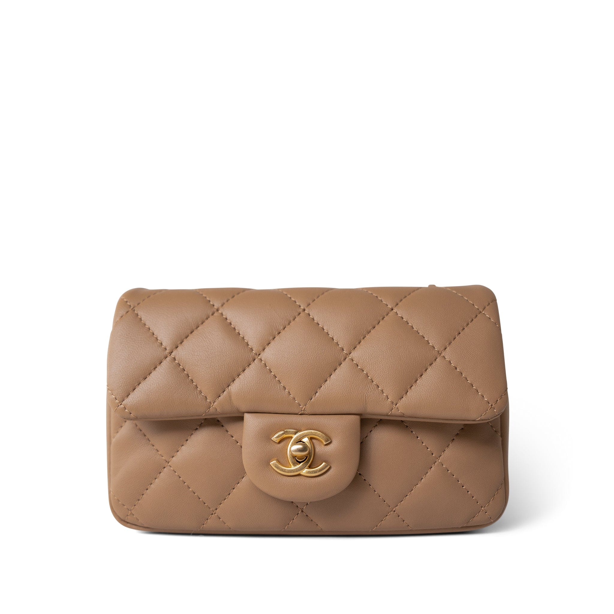 CHANEL Handbag Beige Dark Beige Lambskin Quilted Heart Charms Mini Flap Aged Gold Hardware - Redeluxe