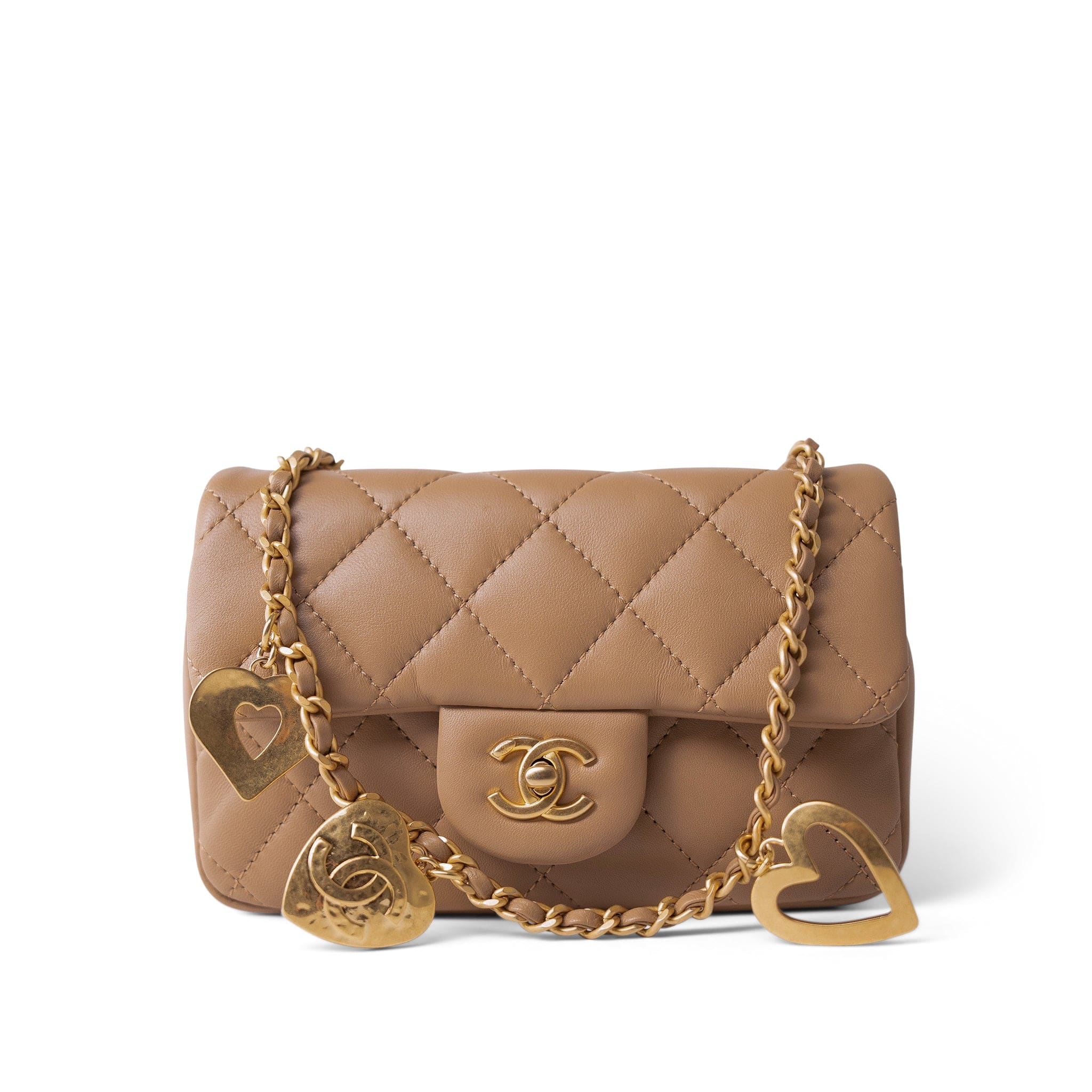 CHANEL Handbag Beige Dark Beige Lambskin Quilted Heart Charms Mini Flap Aged Gold Hardware - Redeluxe